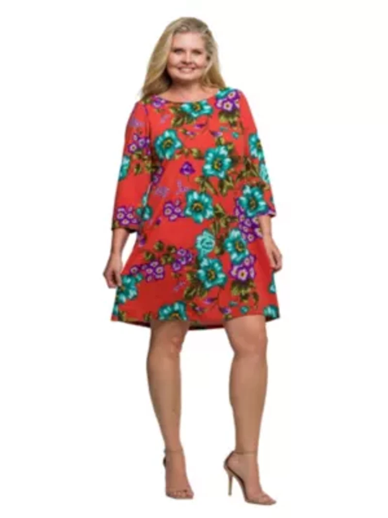 Womens Plus Orange Floral Print Three Quarter Sleeve A Line Knee Length Dress