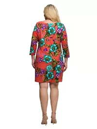 Womens Plus Orange Floral Print Three Quarter Sleeve A Line Knee Length Dress
