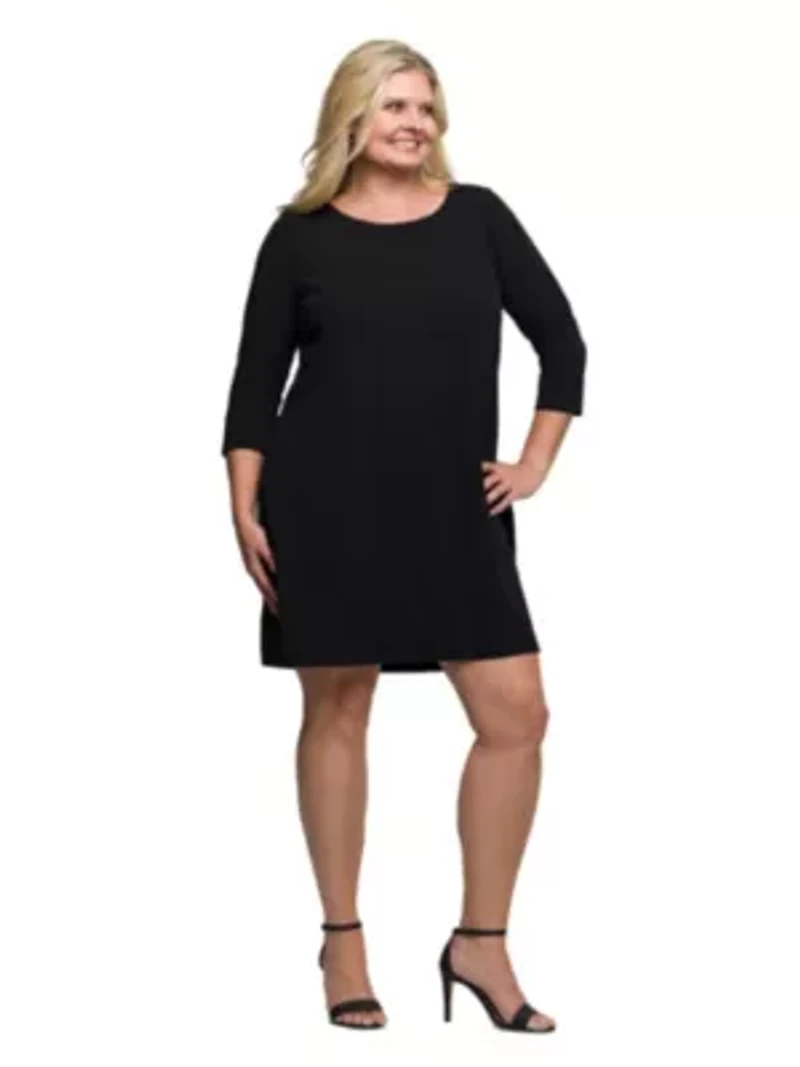 Womens Plus Three Quarter Sleeve A Line Knee Length Dress