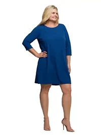 Womens Plus Three Quarter Sleeve A Line Knee Length Dress