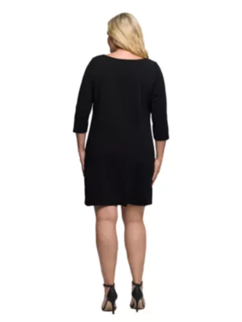 Womens Plus Three Quarter Sleeve A Line Knee Length Dress