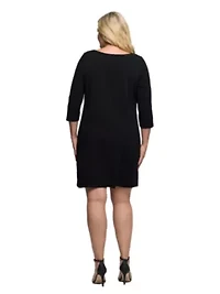 Womens Plus Three Quarter Sleeve A Line Knee Length Dress