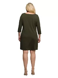 Womens Plus Three Quarter Sleeve A Line Knee Length Dress