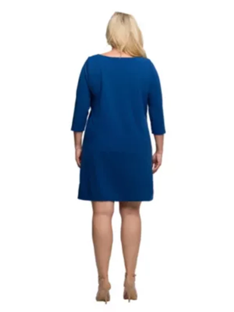 Womens Plus Three Quarter Sleeve A Line Knee Length Dress
