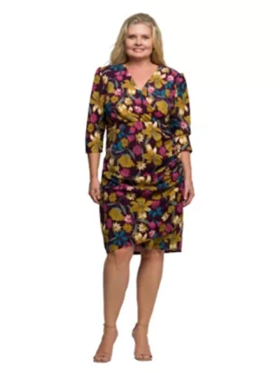 Womens Plus Floral Print Faux Wrap Dress