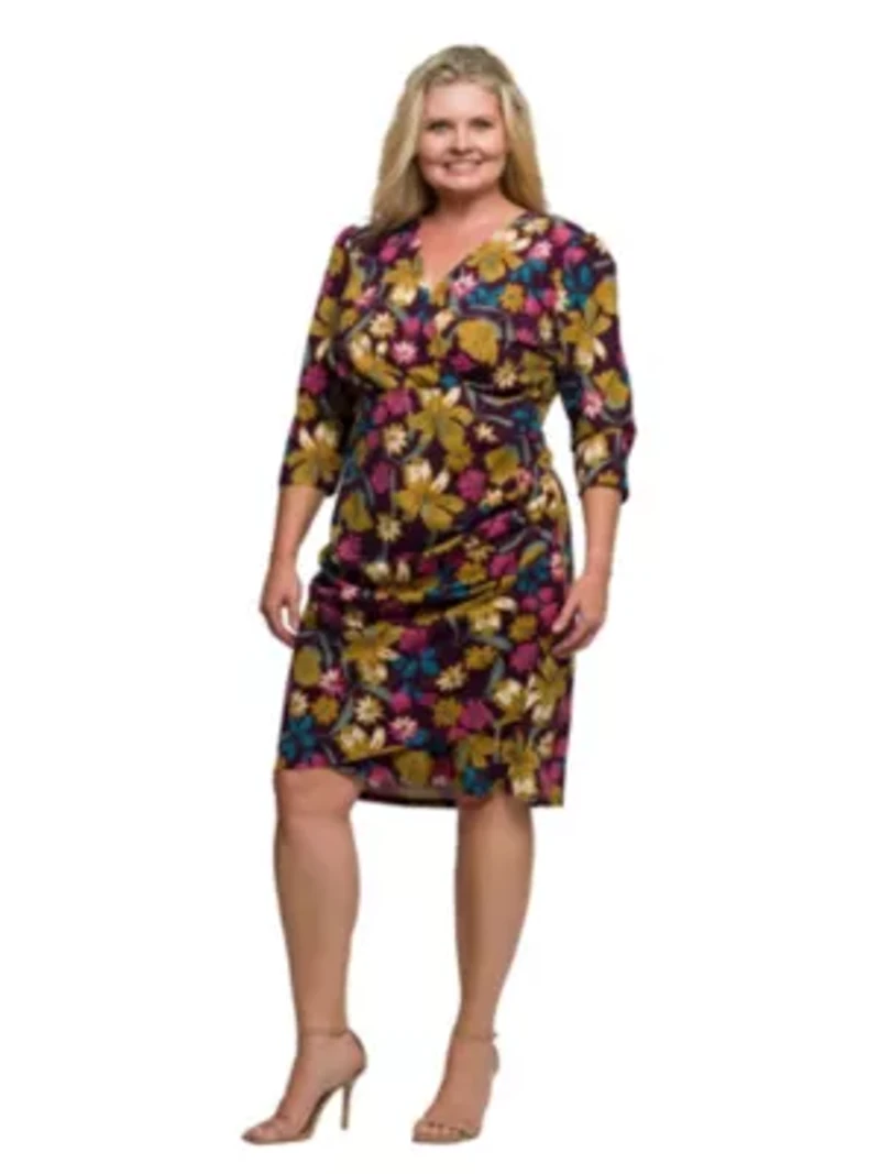 Womens Plus Floral Print Faux Wrap Dress