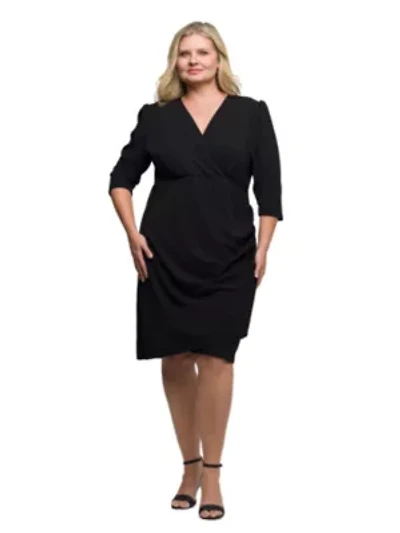 Womens Plus Solid Color V Neck Faux Wrap Dress