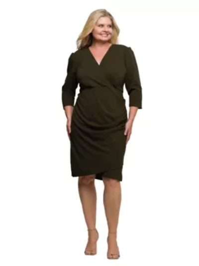 Womens Plus Solid Color V Neck Faux Wrap Dress