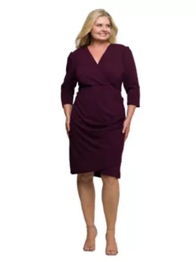 Womens Plus Solid Color V Neck Faux Wrap Dress