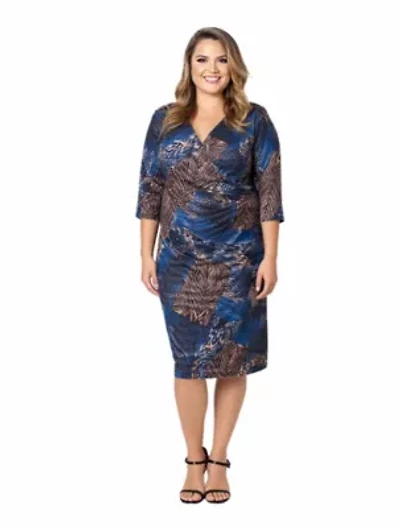 Womens Plus Three Quarter Sleeve Faux Wrap Dress Blue Animal Print