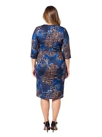 Womens Plus Three Quarter Sleeve Faux Wrap Dress Blue Animal Print