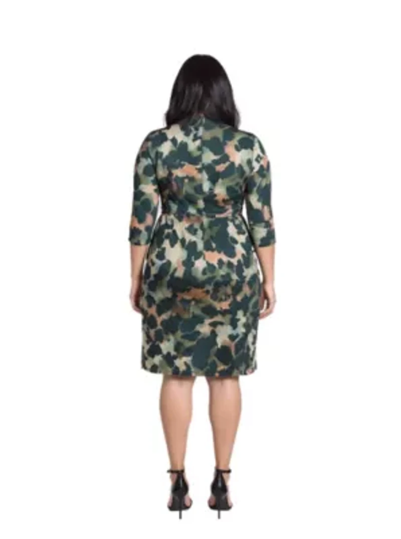 Womens Plus Three Quarter Sleeve Faux Wrap Dress Green Animal Print