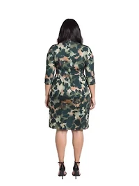 Womens Plus Three Quarter Sleeve Faux Wrap Dress Green Animal Print