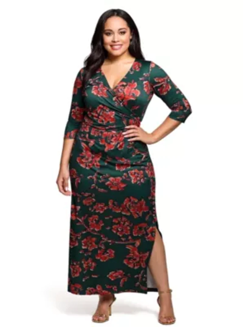 Womens Plus Green Floral Print Three Quarter Sleeve Side Slit Maxi Dress
