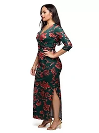 Womens Plus Green Floral Print Three Quarter Sleeve Side Slit Maxi Dress