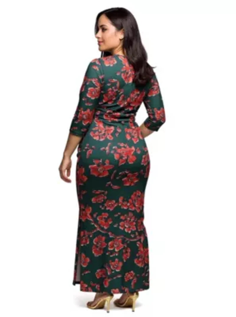 Womens Plus Green Floral Print Three Quarter Sleeve Side Slit Maxi Dress