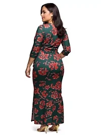 Womens Plus Green Floral Print Three Quarter Sleeve Side Slit Maxi Dress