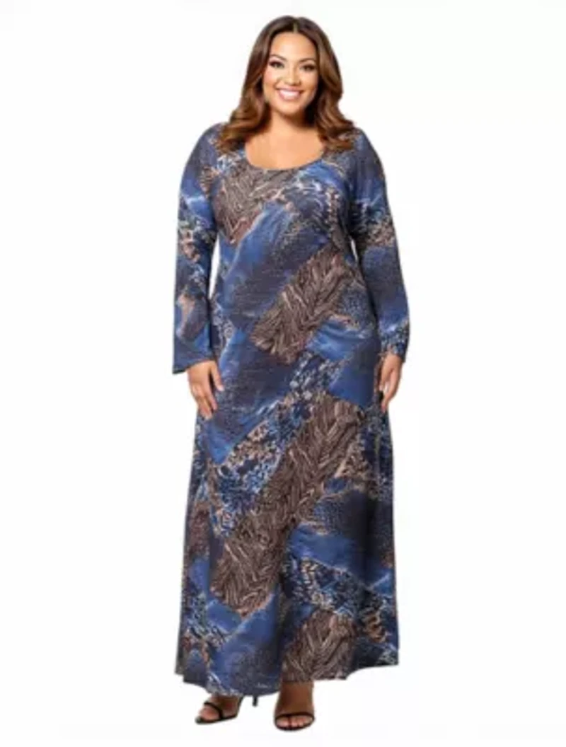 Womens Plus Blue Animal Print Long Sleeve Scoop Neck Maxi Dress