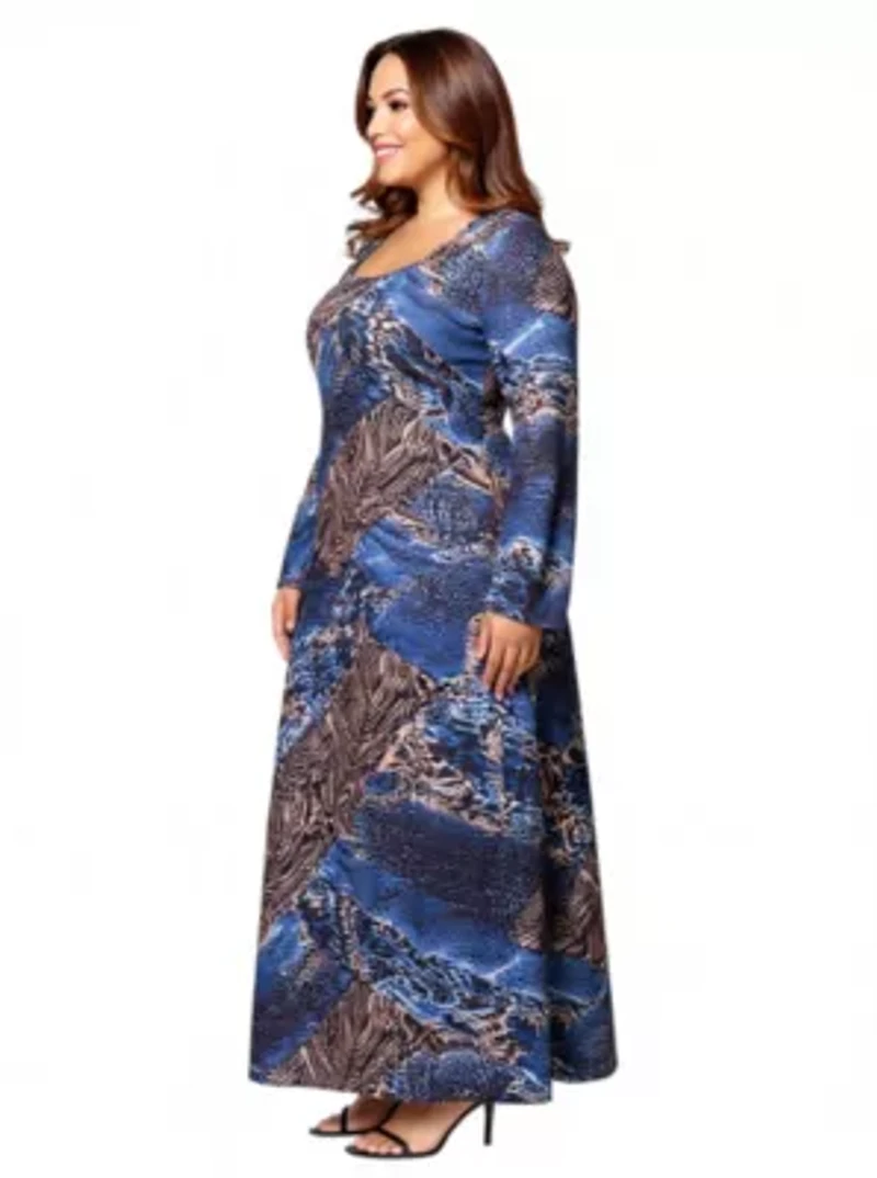 Womens Plus Blue Animal Print Long Sleeve Scoop Neck Maxi Dress