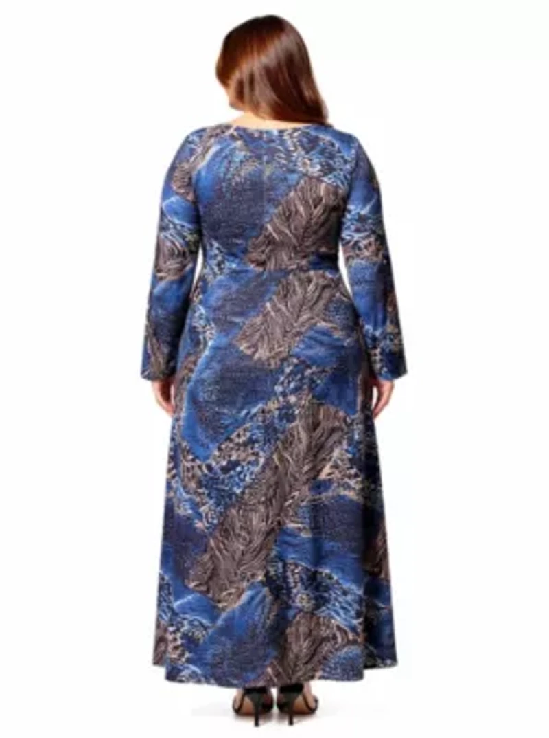 Womens Plus Blue Animal Print Long Sleeve Scoop Neck Maxi Dress