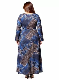 Womens Plus Blue Animal Print Long Sleeve Scoop Neck Maxi Dress