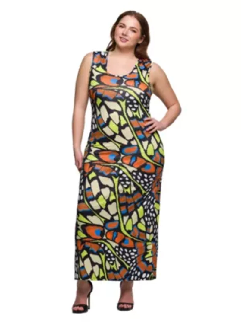 Bright Butterfly Print Plus Razorback Tank Casual Maxi Dress