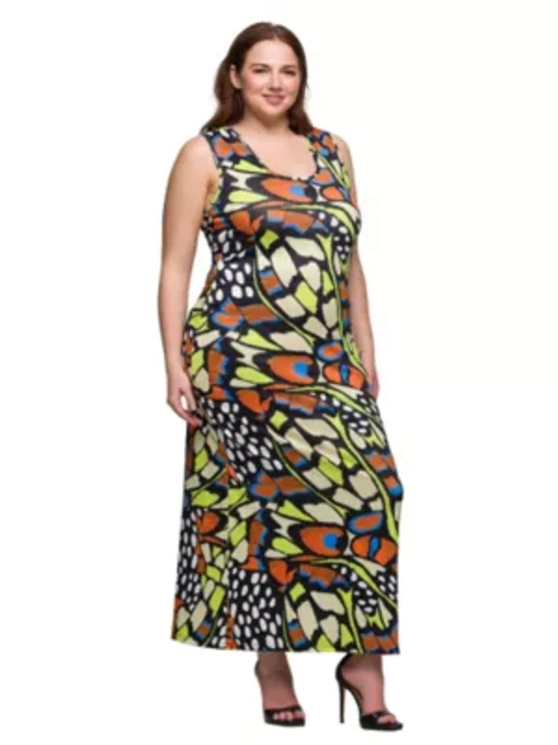 Bright Butterfly Print Plus Razorback Tank Casual Maxi Dress