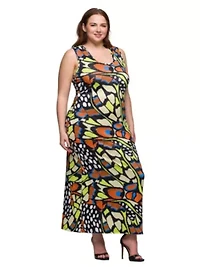 Bright Butterfly Print Plus Razorback Tank Casual Maxi Dress