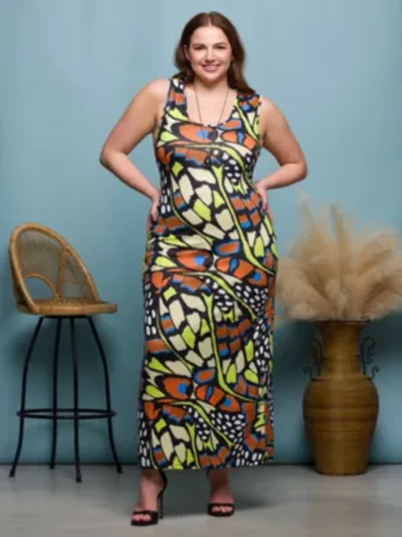 Bright Butterfly Print Plus Razorback Tank Casual Maxi Dress