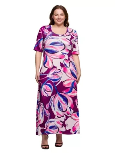 Plus Purple Floral Print Elbow Sleeve Casual A Line Maxi Dress