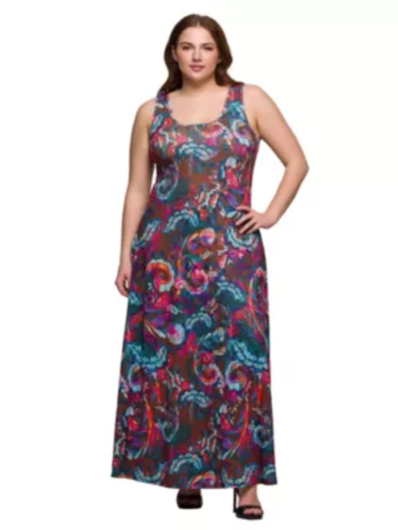 Plus Pink and Brown Print Scoop Neck A Line Sleeveless Maxi Dress