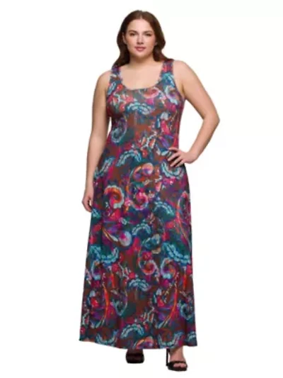 Plus Pink and Brown Print Scoop Neck A Line Sleeveless Maxi Dress