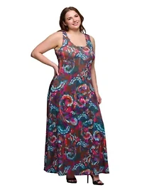 Plus Pink and Brown Print Scoop Neck A Line Sleeveless Maxi Dress