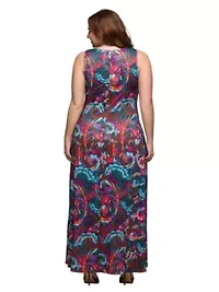 Plus Pink and Brown Print Scoop Neck A Line Sleeveless Maxi Dress