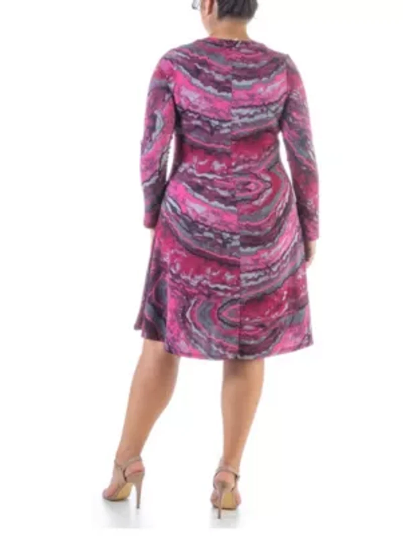 Pink Abstract Plus Long Sleeve Knee Length T Shirt Dress