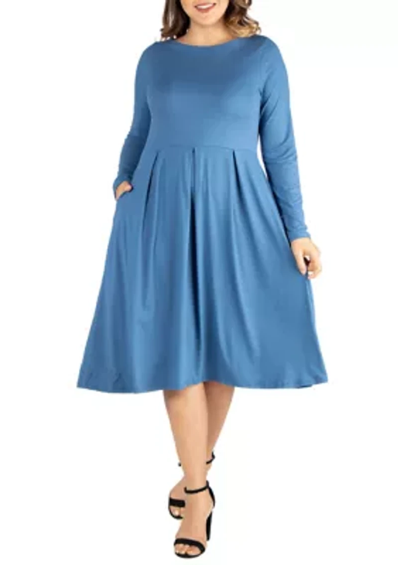 Plus Long Sleeve Fit-and-Flare Midi Dress