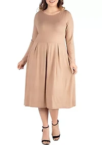 Plus Long Sleeve Fit-and-Flare Midi Dress