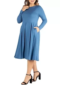 Plus Long Sleeve Fit-and-Flare Midi Dress