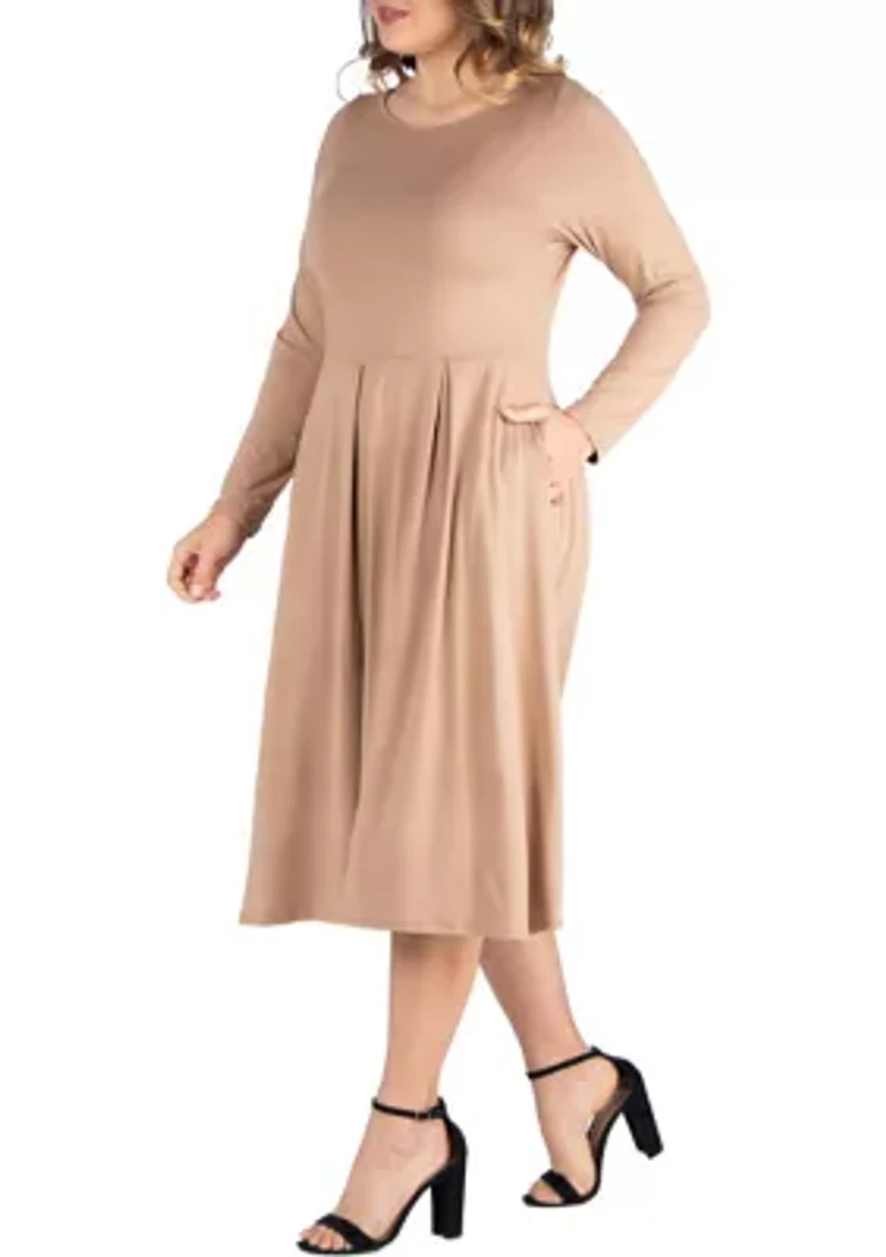 Plus Long Sleeve Fit-and-Flare Midi Dress