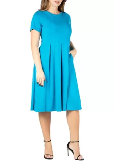 Short Sleeve Plus  Midi Skater Dress With Pockets