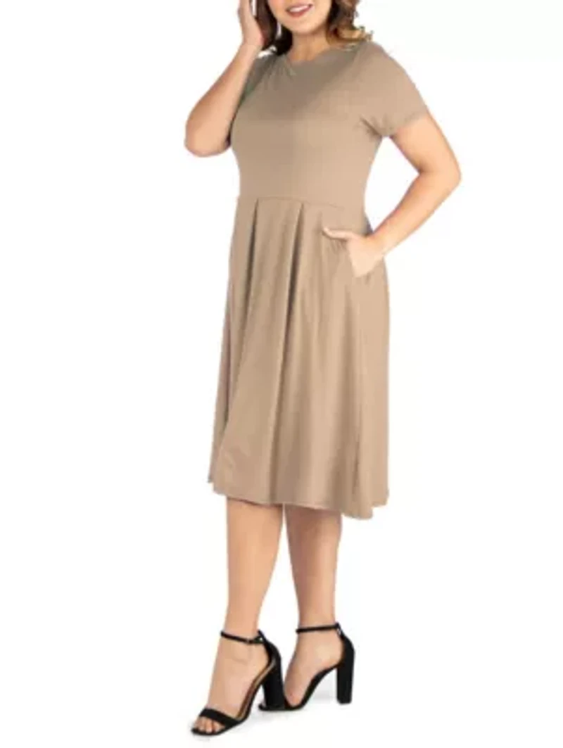 Short Sleeve Plus  Midi Skater Dress With Pockets