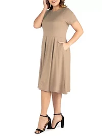 Short Sleeve Plus  Midi Skater Dress With Pockets