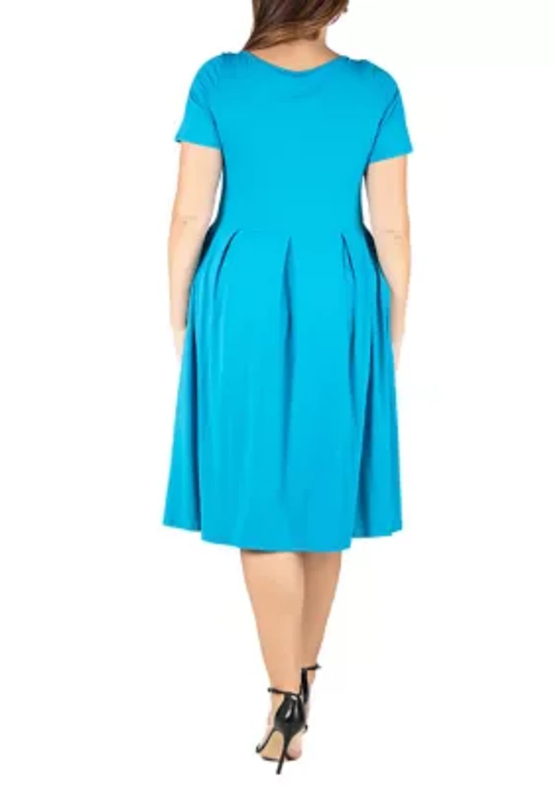 Short Sleeve Plus  Midi Skater Dress With Pockets