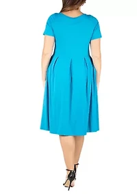 Short Sleeve Plus  Midi Skater Dress With Pockets