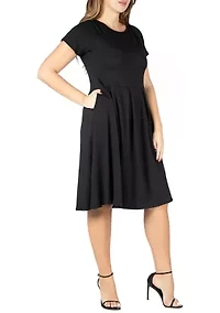 Short Sleeve Plus  Midi Skater Dress With Pockets