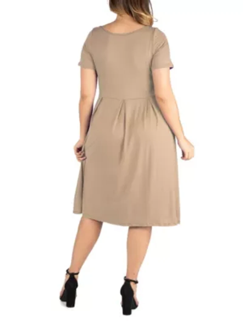 Short Sleeve Plus  Midi Skater Dress With Pockets
