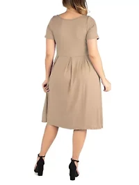 Short Sleeve Plus  Midi Skater Dress With Pockets
