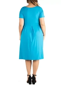 Short Sleeve Plus  Midi Skater Dress With Pockets