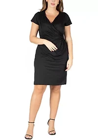 Short Sleeve V Neck Plus Faux Wrap Dress