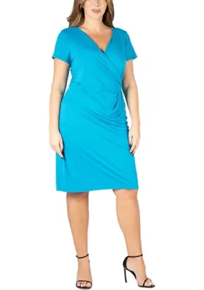 Short Sleeve V Neck Plus Faux Wrap Dress
